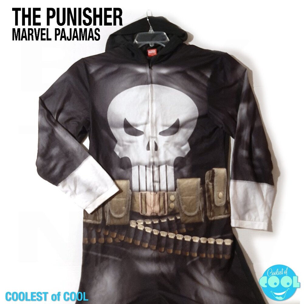 Marvel the Punisher pajamas adult size Large one peice hooded graphic print poly